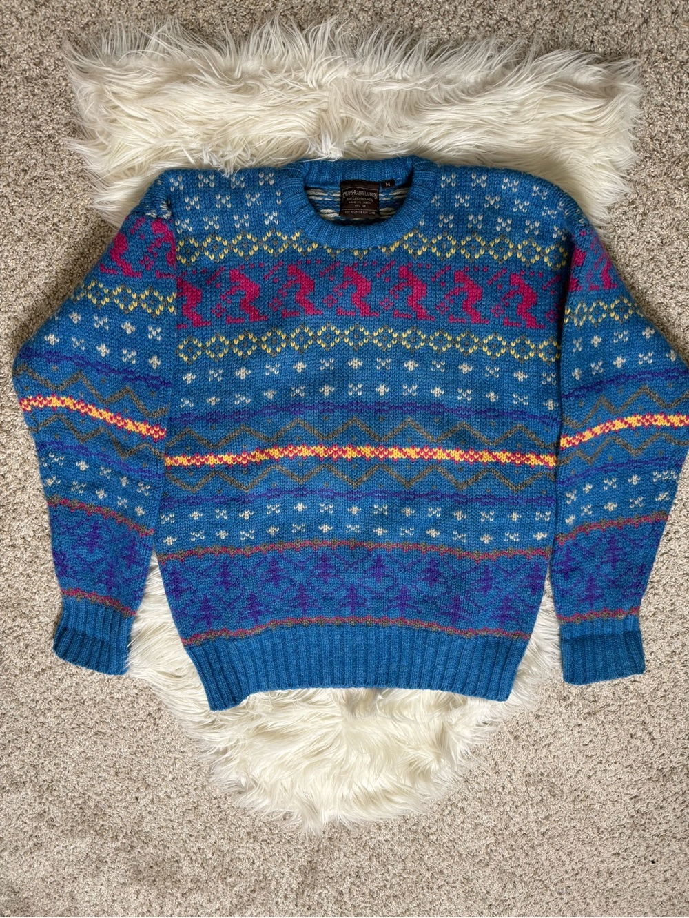 Vintage Chaps Ralph Lauren Blue Multicolor Patterned Crewneck Ski Sweater Med